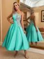 Perfect Ball-Gown One-Shoulder Flower Tea-Length Satin Dress